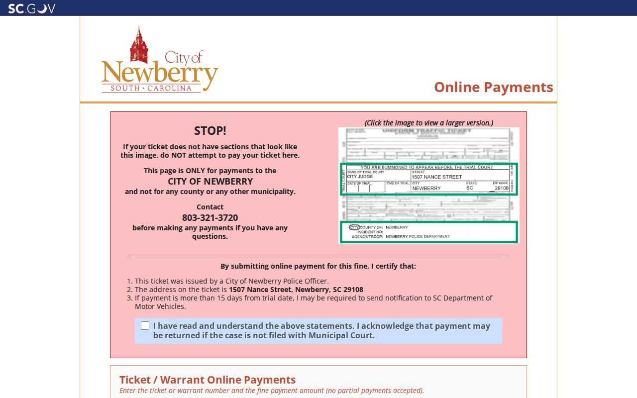 Newberry criminal records distinction from the city ticket payment form