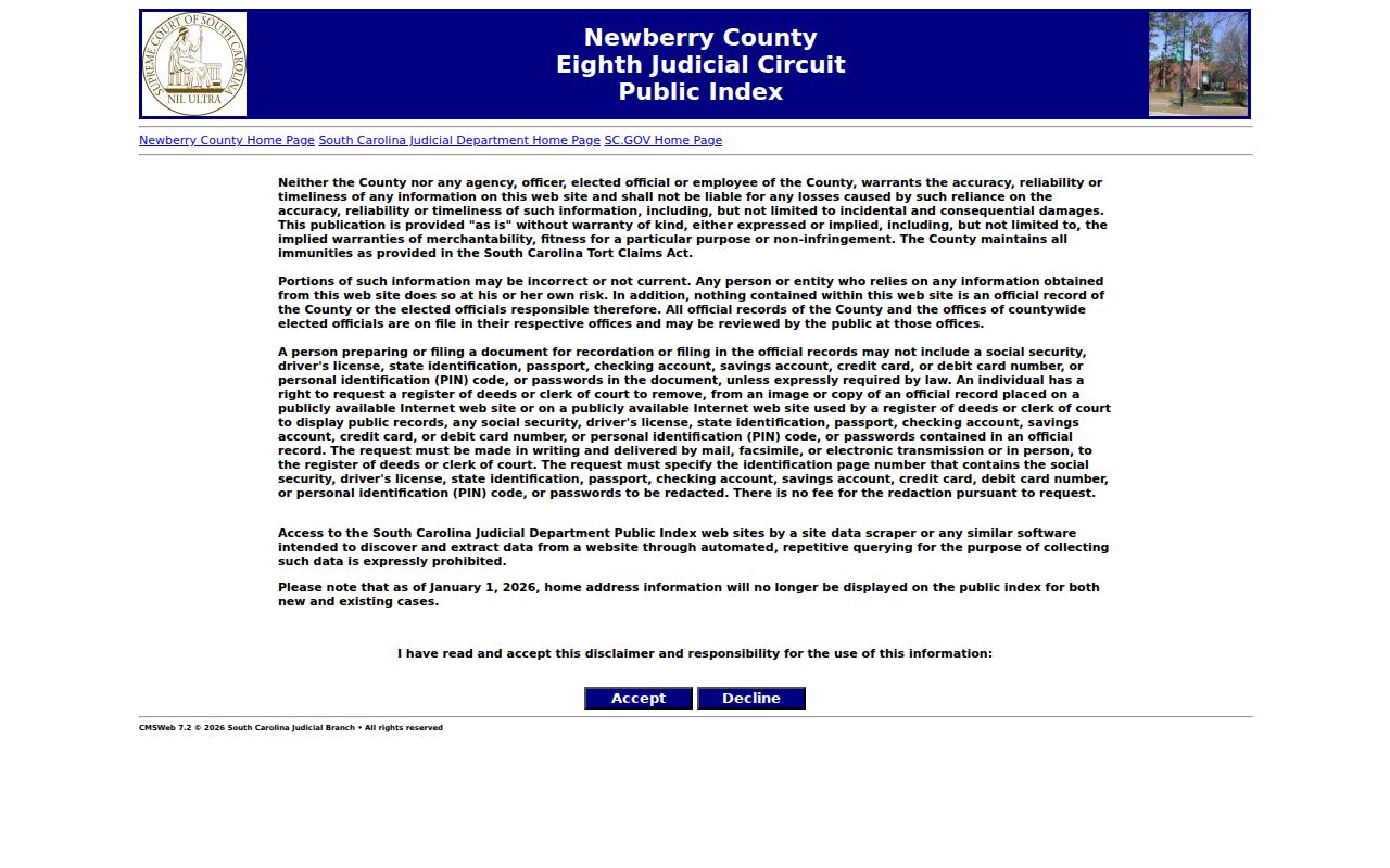Newberry County criminal court case search in the Public Index