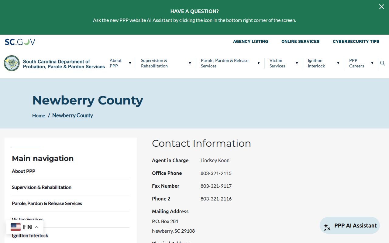 Newberry County criminal record probation and parole office