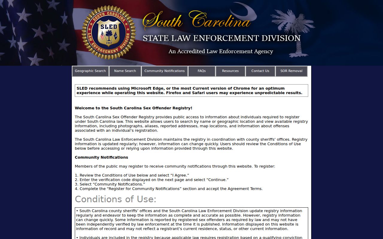 Newberry County sex offender search on the SLED SORT registry