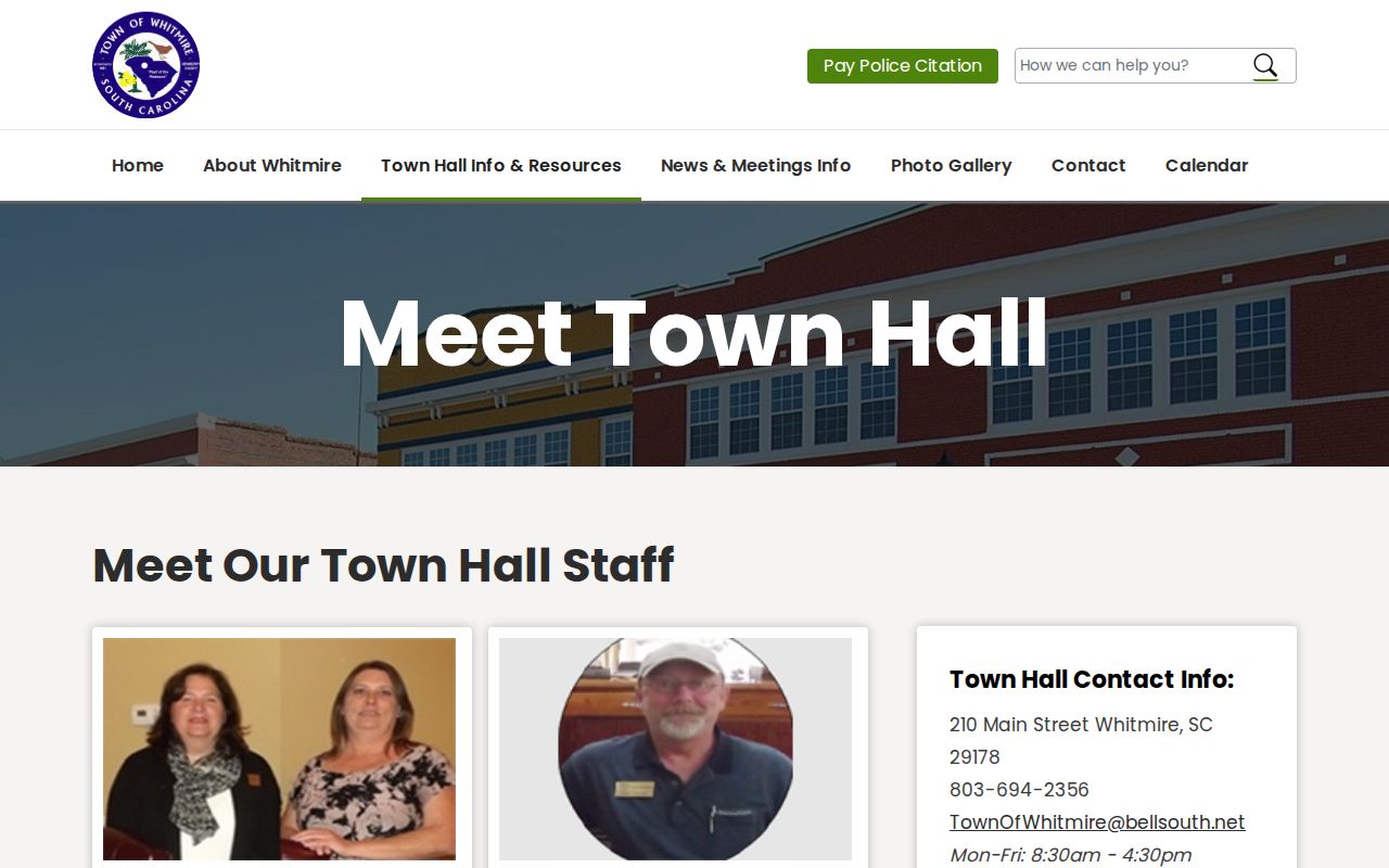 Whitmire criminal records contact information for Town Hall and police
